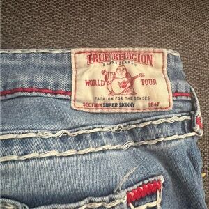 True Religion Light Blue Super Skinny Jeans with Red Stitching